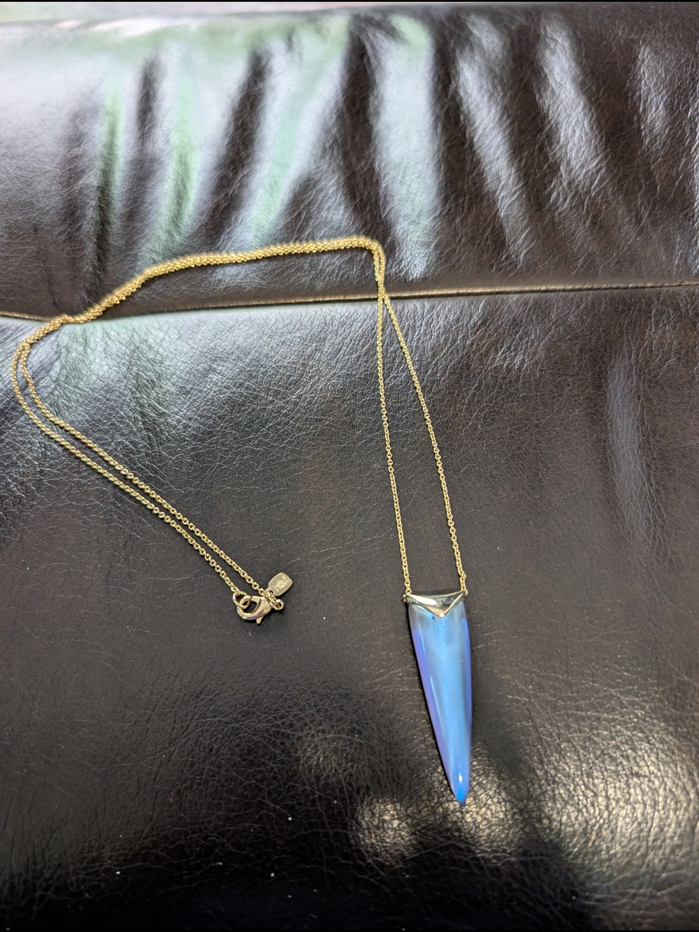 Gold Chain Necklace with Blue Opalescent Horn Pendant